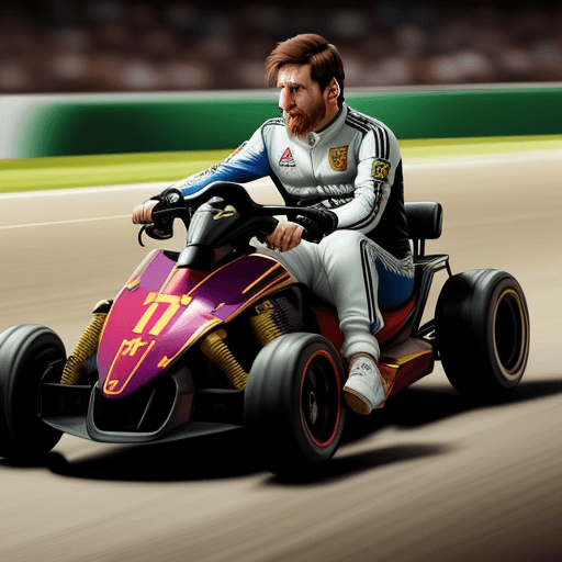 AI generated: Lionel Messi, elegant, highly detailed face, ultra realistic, riding a karting like Mario Kart