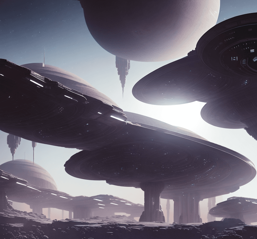 AI generated: a Nostromo like spaceship is landing on a desert icy planet.. Futuristic city airport,  8k, intricat...