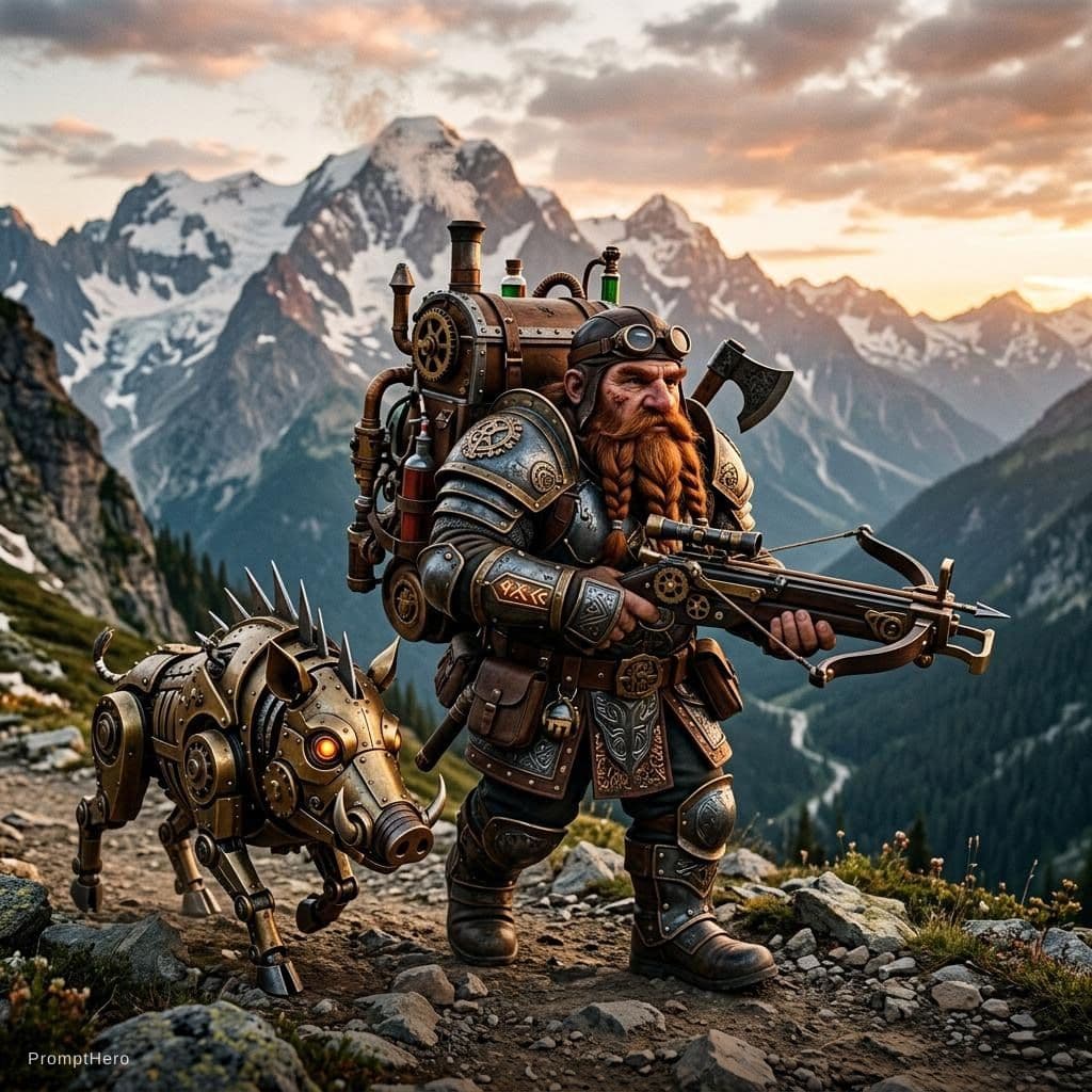 AI generated: a male dwarf artificer with a clockwork wearing dwarven half plate armor and an oversized steampunk ...