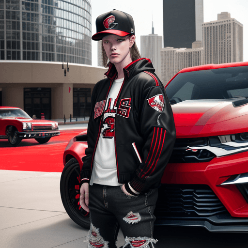 AI generated: white male with a Chicago Bulls Black and red jacket and a chicago Bulls jersey #23 with a Basketbal...