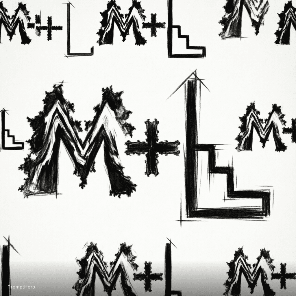 AI generated: create a pattern the text "M+L" in black on white. The pattern should fit exactly into itself on eve...