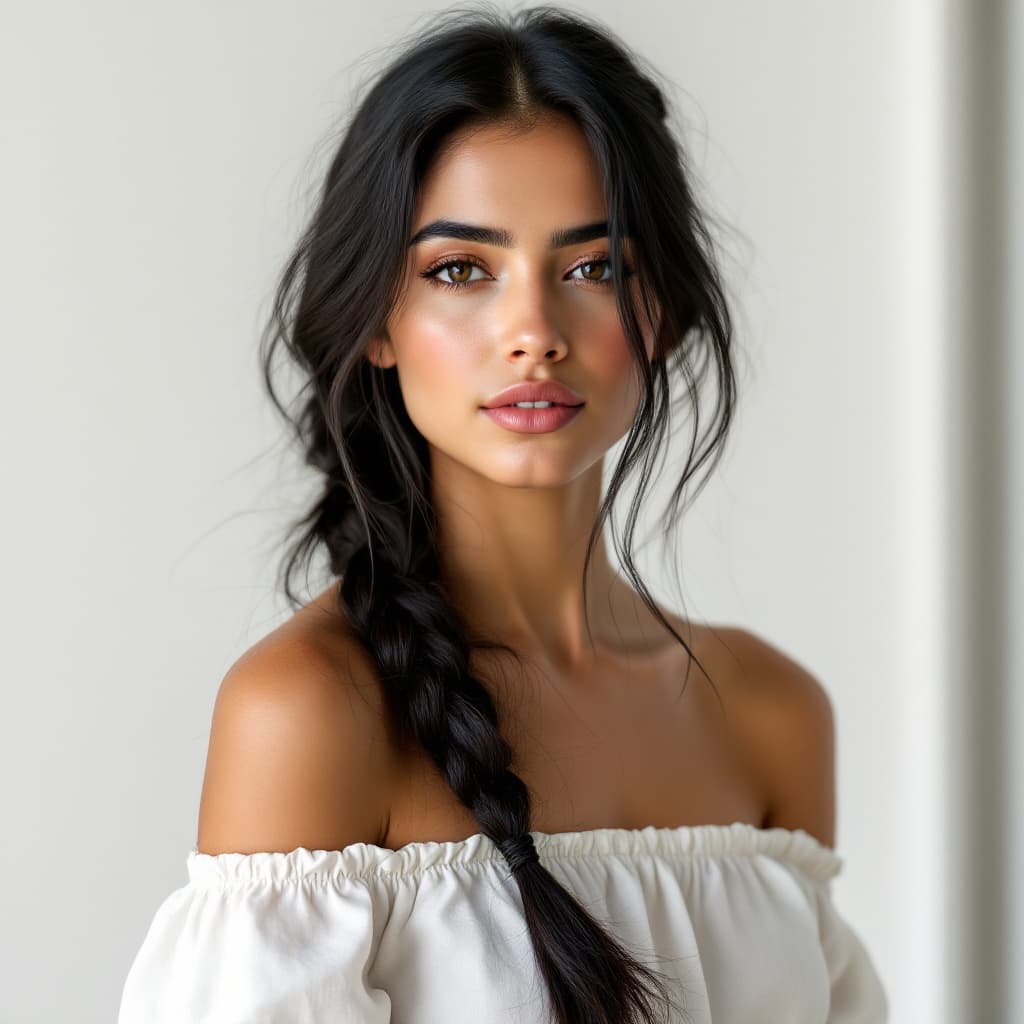 AI generated: A 23-year-old Moroccan woman with golden-olive skin and long black hair tied in a loose side braid, ...