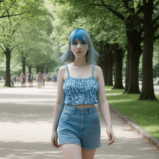 AI generated: summer days, a blue hair girl, 30 years old, walk in a park in front of camera 