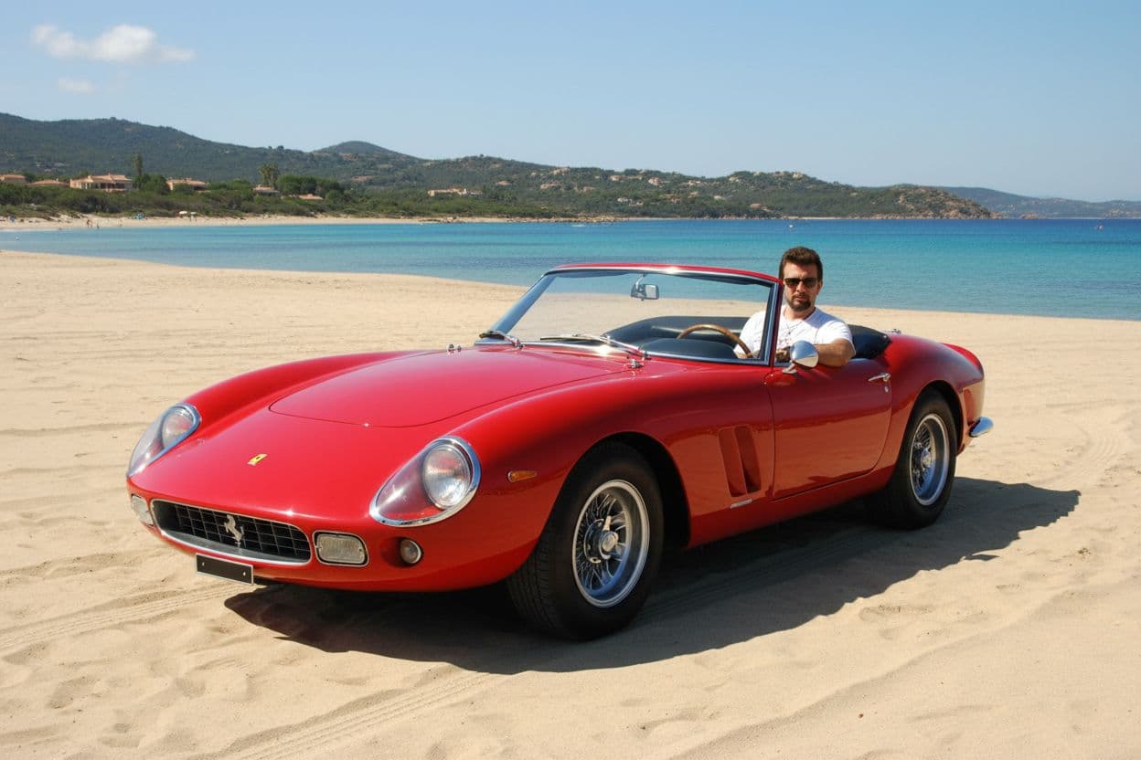 AI generated: ferrari 250 gto realtà fotografica con alla guida persona come foto con sullo sfondo una spiaggia de...