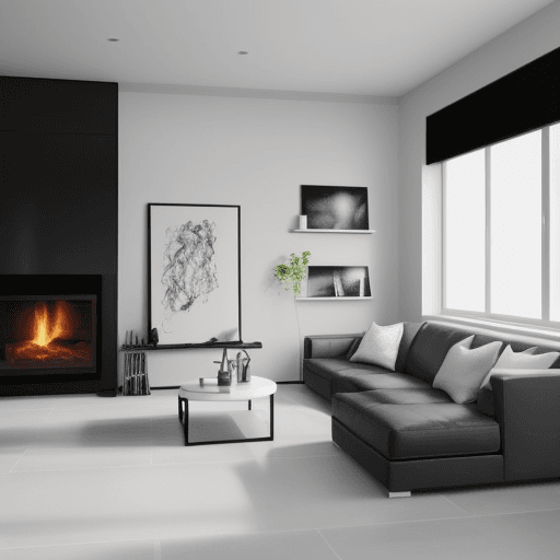 AI generated: Living room with grey vinyl flooring, white walls and a fireplace with large black tile. Use a minim...