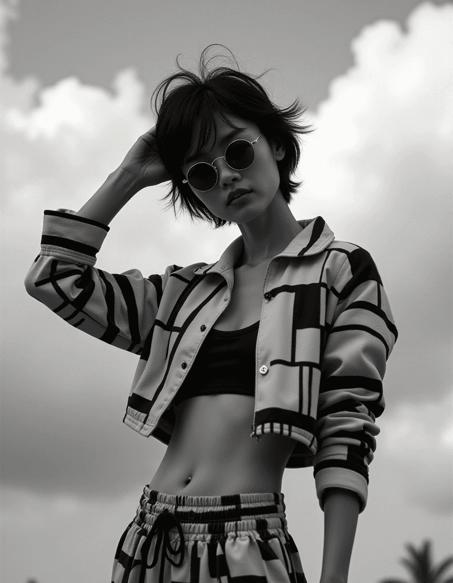 AI generated: monochrome High fashion black and white upper body photo of a slim, small breast, flat chest, abs, y...