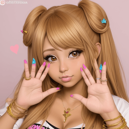 AI generated: Dibujo cute gyaru morena rubia  con pestañas postizas y uñas postizas
haciendo signo de paz 