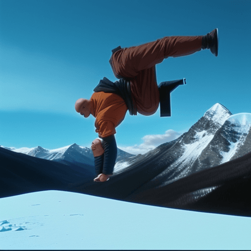 AI generated: monk doing backflip on top a mountain, vhs footage, lo-fi, snowy mountains background, found footage...