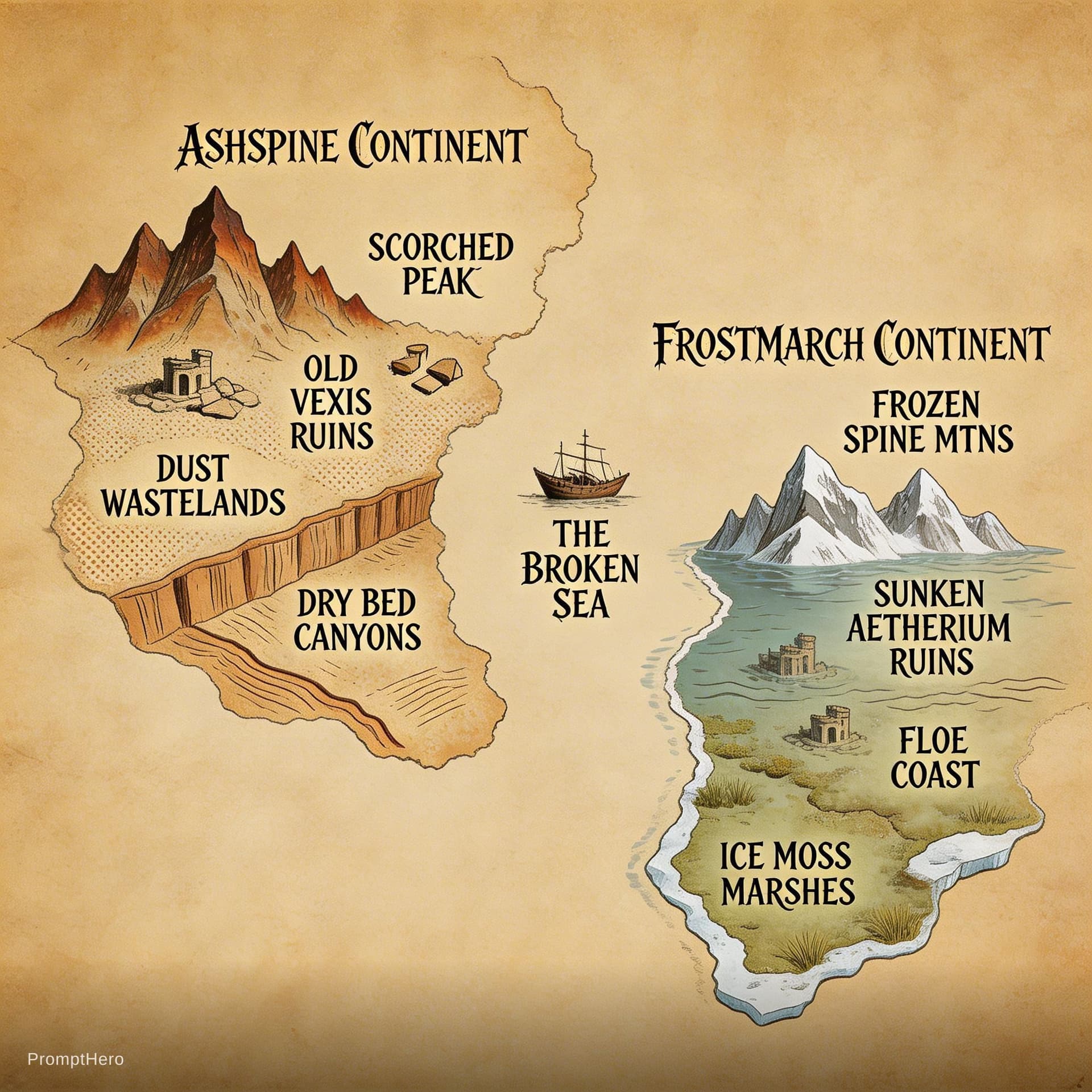 AI generated: an elaborate fantasy map of a post-apocalyptic world with 2 continents on parchment paper, video gam...