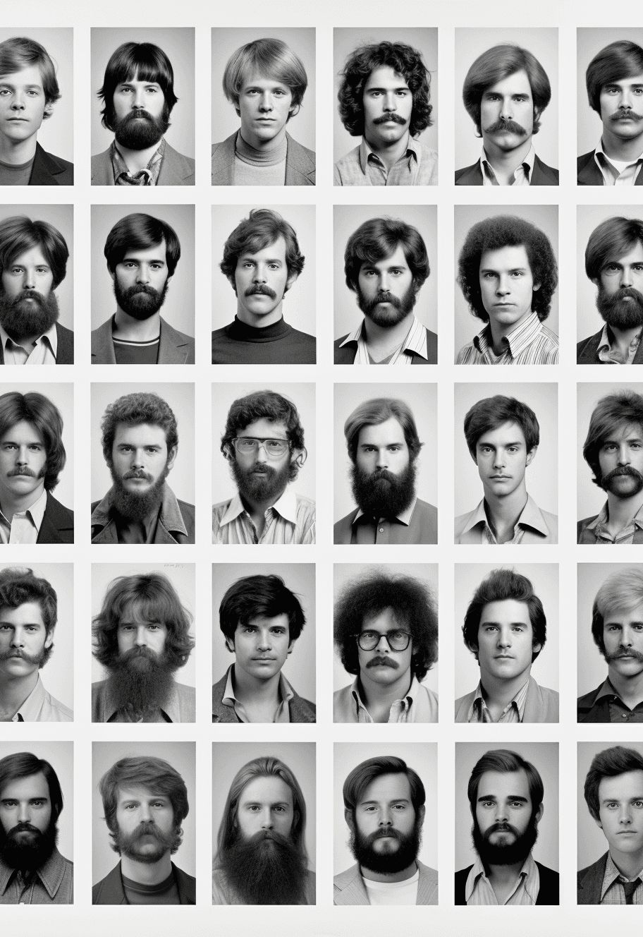 AI generated: A grid of mens hairstyles from the 1970s, from long and voluminous to short with sideburns or full b...