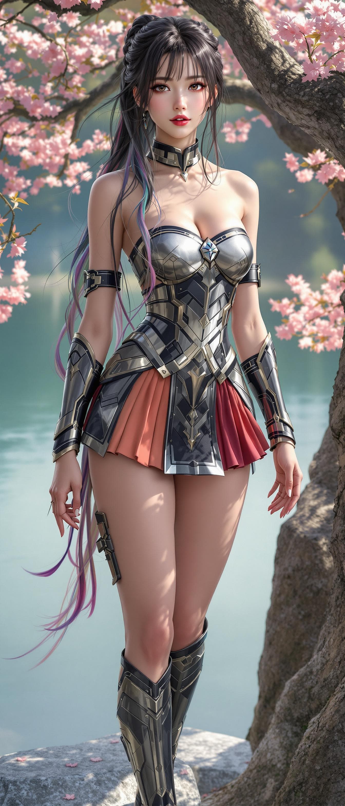 AI generated: hyperrealistic, korean girl, korean ulzzang face, a girl, beautiful, wearing a iron man armor strapl...