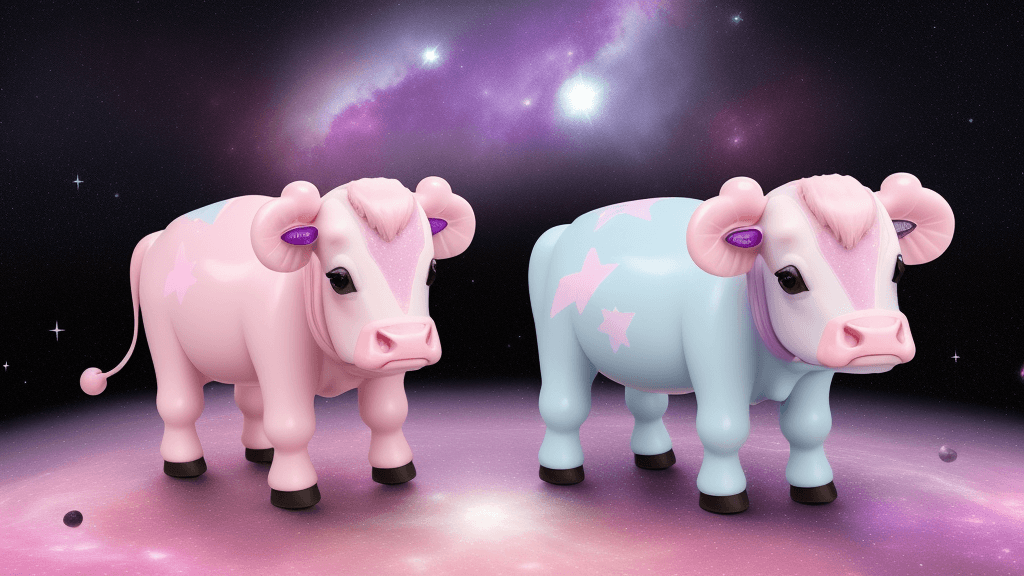 AI generated: cute pink alien cows, outer space, pastel purple stars, galaxy, cute pastel cows, starlight