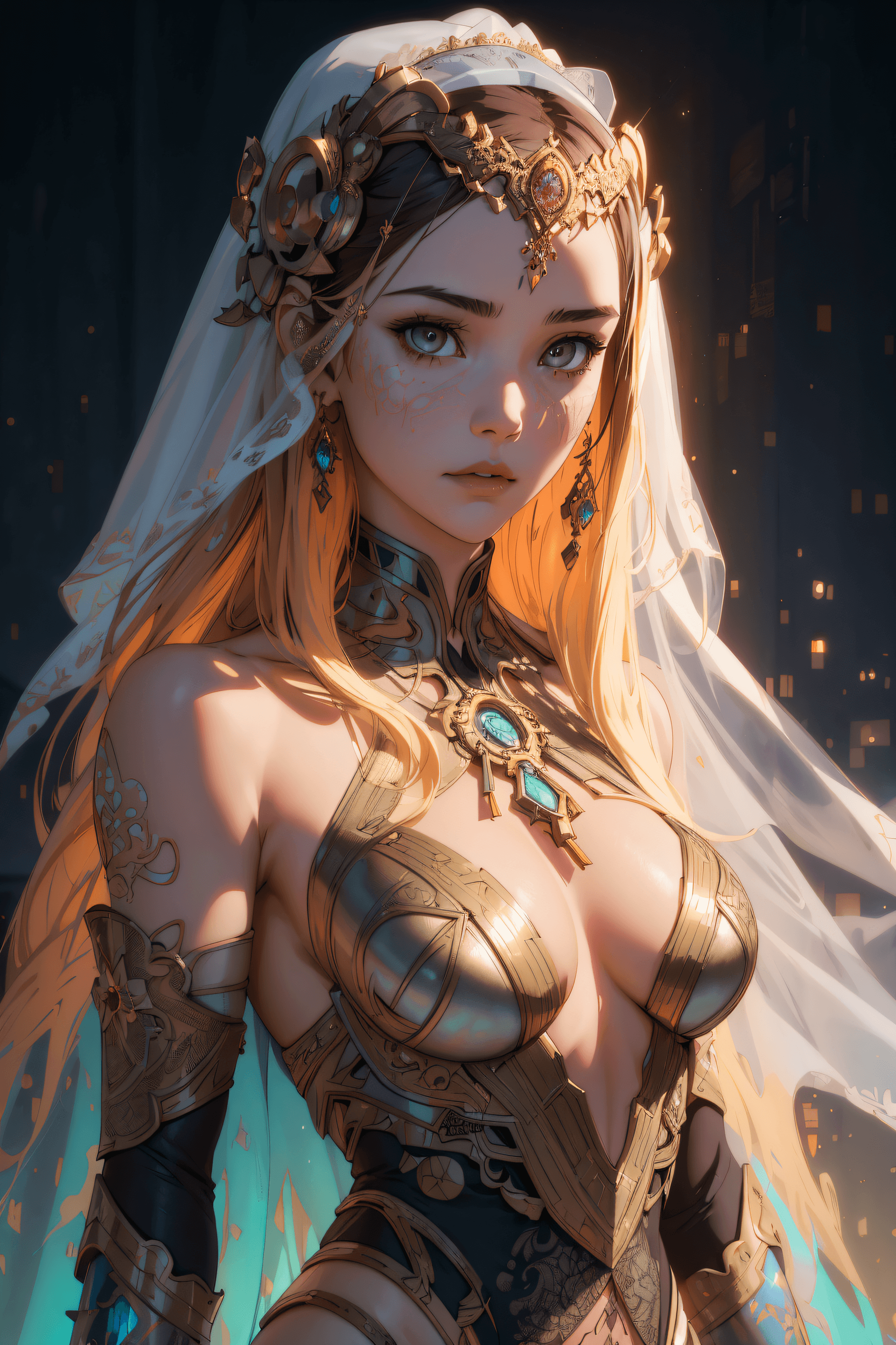 AI generated: 1woman,beautiful,long hair,gold lining,veil, by Minjae Lee, Carne Griffiths, Emily Kell, Steve McCur...