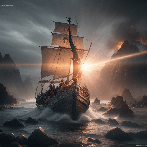 AI generated: Total war of destruction in the land of vikings, viking ship, vikings, seafight, lens flare, dynamic...