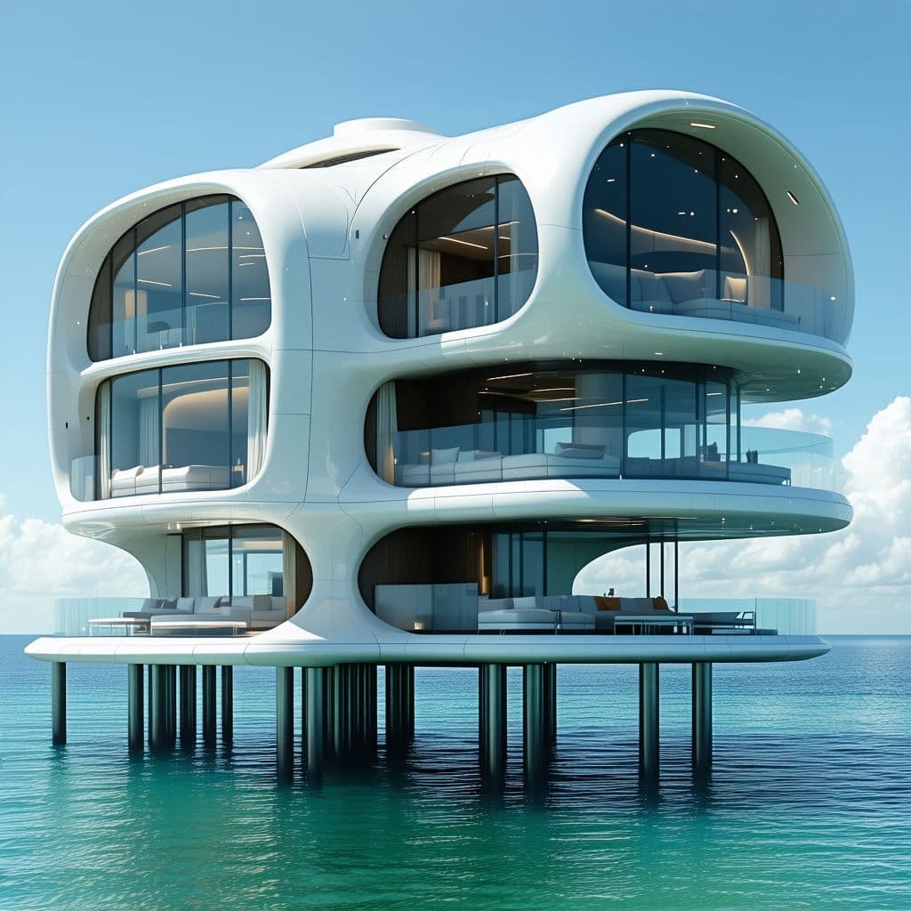 AI generated: a closeup of a futuristic multi story home on stilts in the water