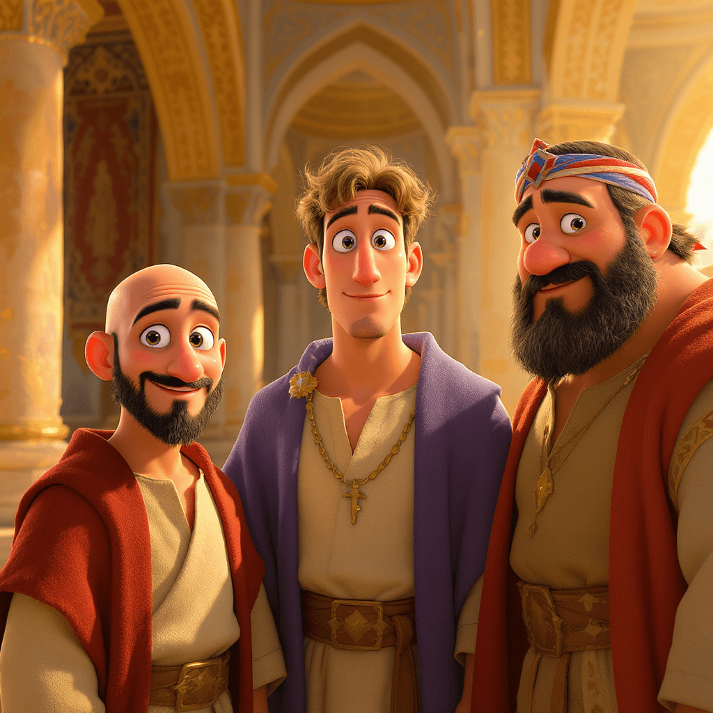 AI generated: A 3D animated scene in the style of Pixar, featuring the Three Wise Men standing together in a brigh...