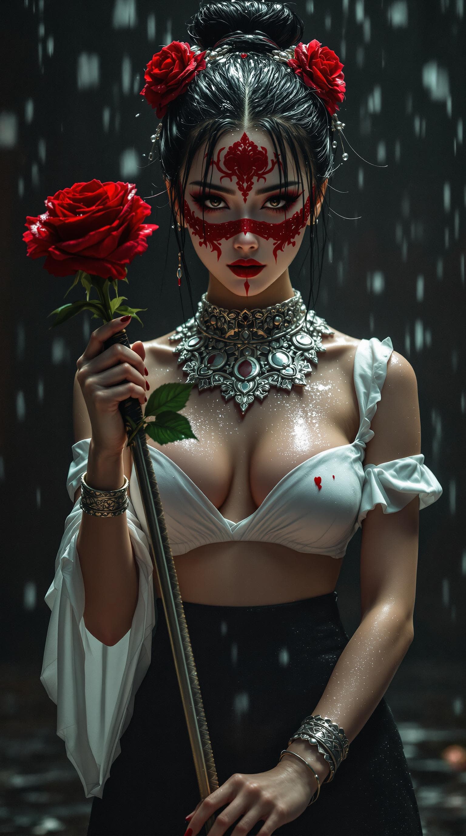 AI generated: Full body view of a young beautiful Asian woman, in her twenties, with elaborate makeup and a red ma...