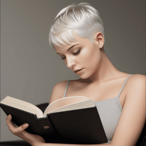 AI generated: A woman with short, platinum hair reading a book