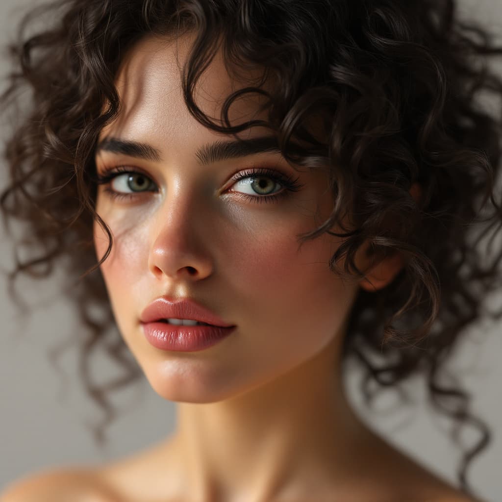AI generated: a model with curly black hair, in the style of daz3d, close-up, hazy, wavy, brown, tondo, ferrania p...