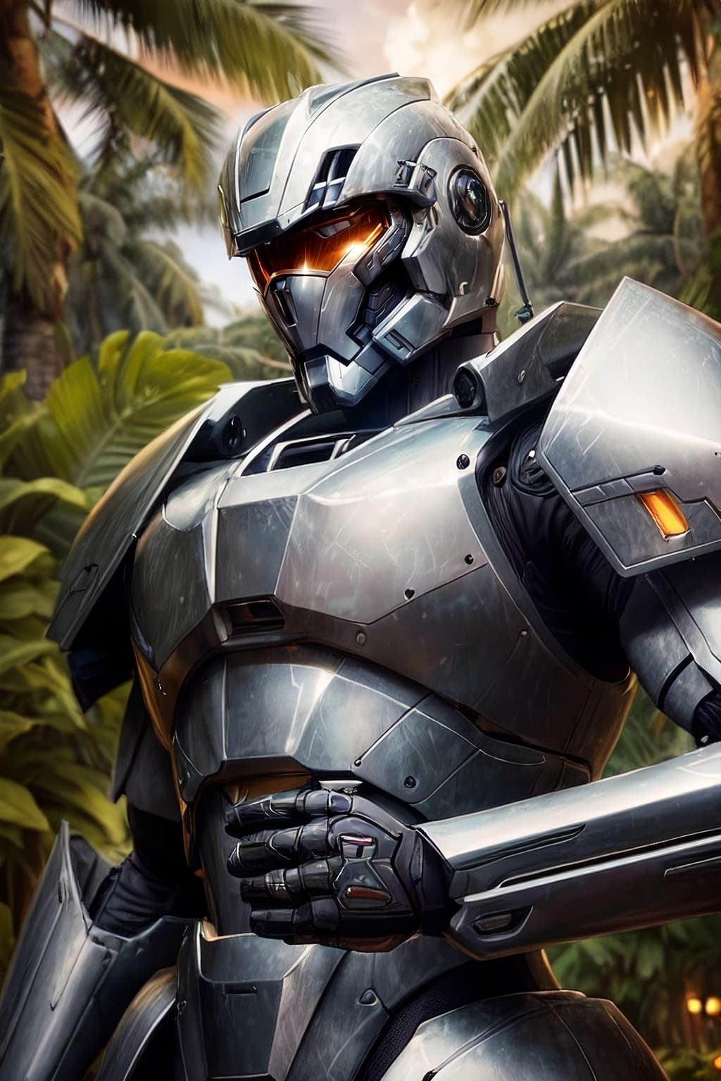 AI generated: style, sleek body armor, mecha soldier, portrait, 85mm, f1.8, close up, photo realistic, jungle back...