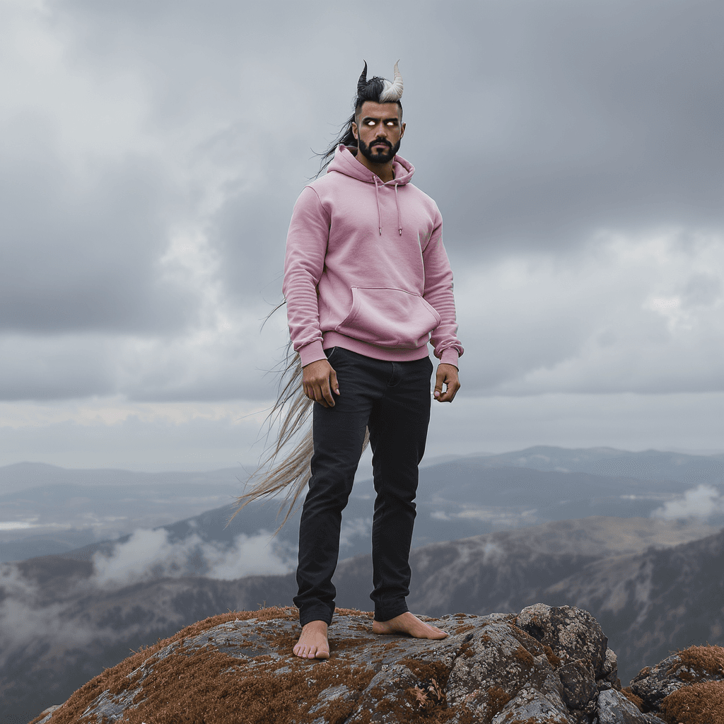AI generated: A tall, muscular yet lean man stands on a moss-covered rock at the top of a mountain beneath a sky f...