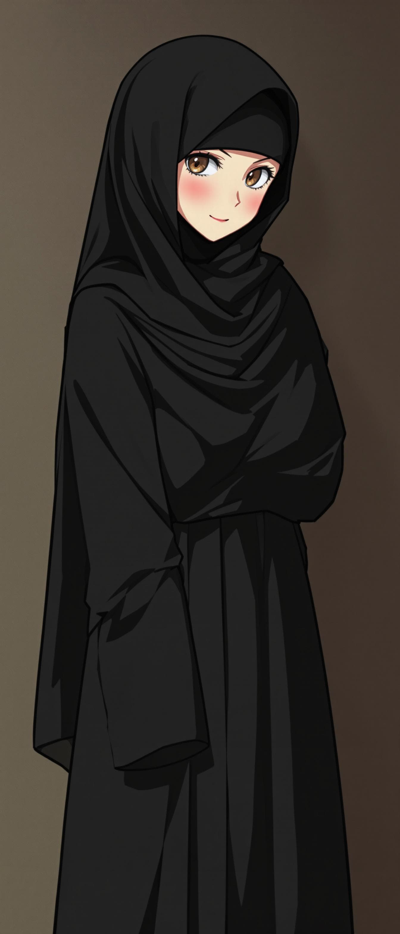AI generated: anime Art of a girl, wearing a black hijab with the covering face like a Arabian woman in black clot...