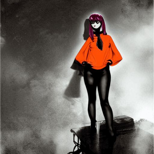 AI generated: goth girl astestic, velma from scooby-doo, a woman wearing eye glasses and an orange top, goth style...