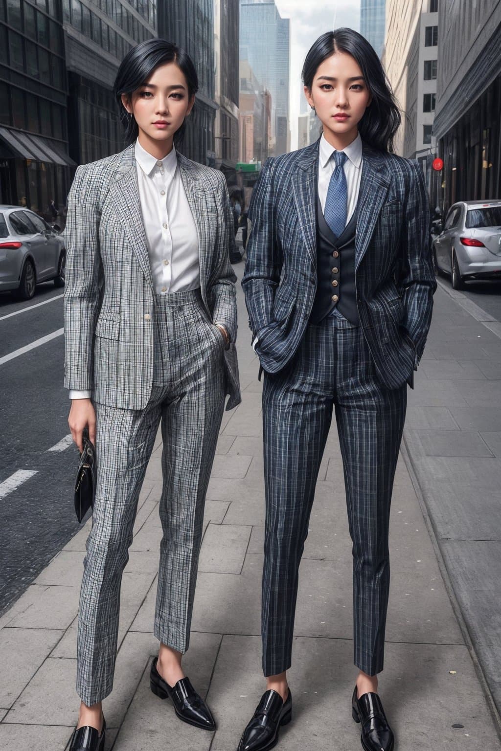 AI generated: young handsome investment bank managers standing on a sidewalk, summer, plaid business suit style, w...