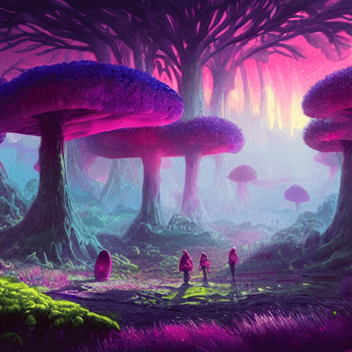 AI generated: concept art painting of a fantasy alien fungal landscape at night, magenta trees, glowing blue mushr...