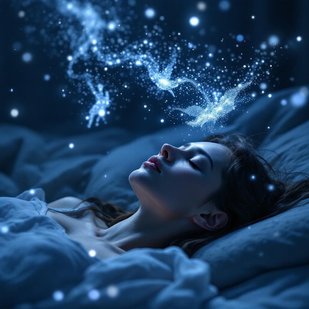 AI generated: “A woman sleeping while particulate light forms dreamlike figures floating above her, soft blue-silv...