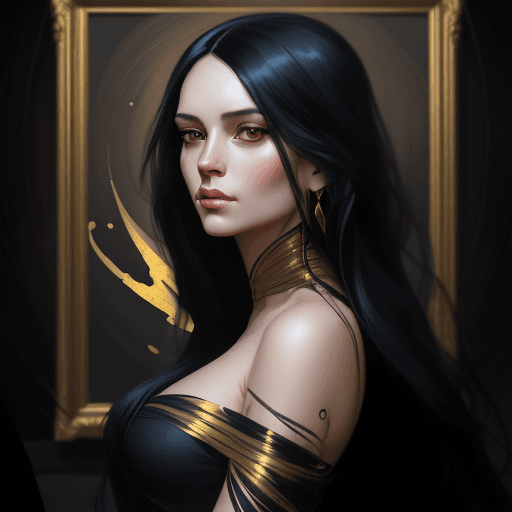 AI generated: a woman with long black hair in a gold painting, in the style of charlie bowater, dark blue and dark...