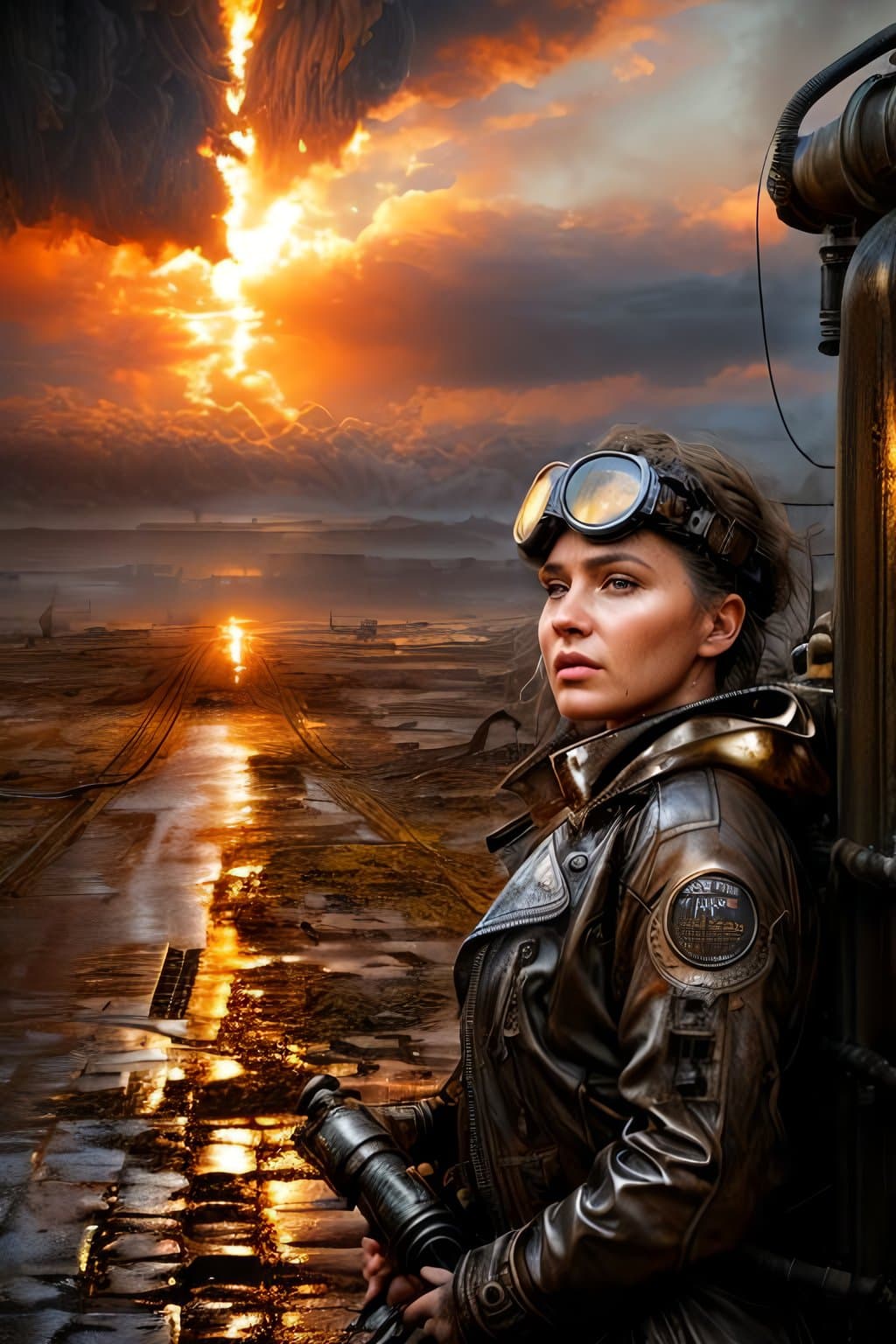 AI generated: hyper real photo. Detailed face and skin texture. Man/Woman wearing leather steampunk boiler suits a...