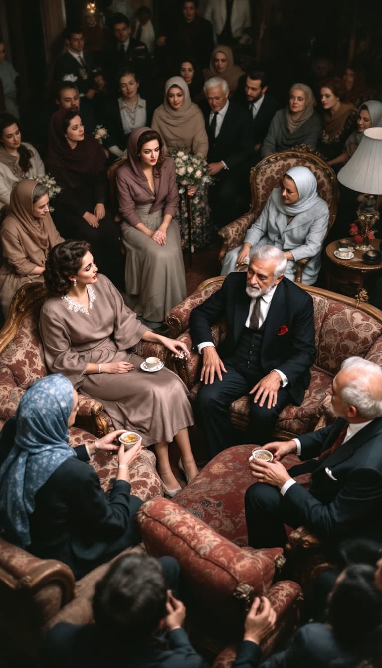 AI generated: high-angle shot of a 1950s Iranian engagement gathering in a spacious, well-decorated traditional ho...