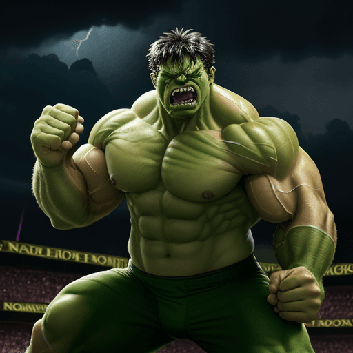 AI generated: An angry Incredible Hulk with snarling teeth 
muscles and veins bulging dressed as the Notre Dame Fi...