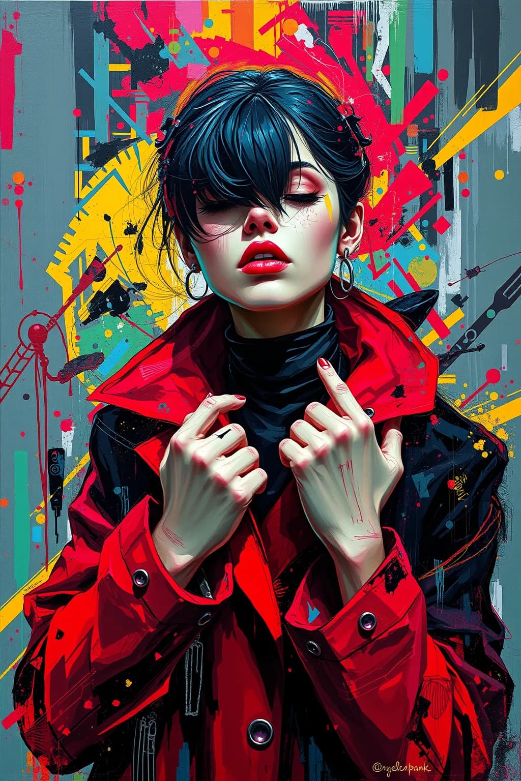 AI generated: (((Cyber Punk))), In a vibrant and abstract masterpiece, a woman with black and red eduton donning a...