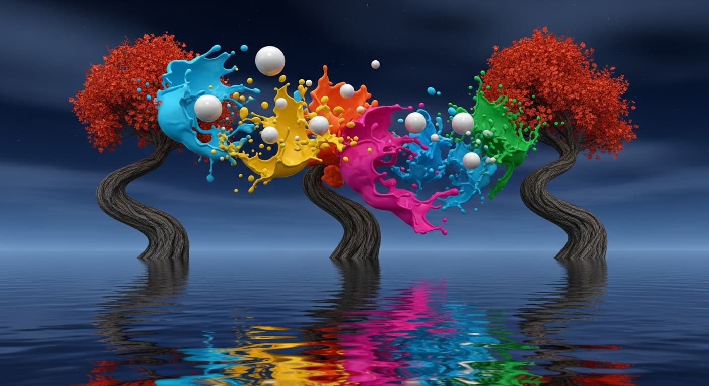 AI generated:   une abstraction  sur un canvas liquide d ,un  paysage aux couleurs d,automne 3d  avec des arbres  ...