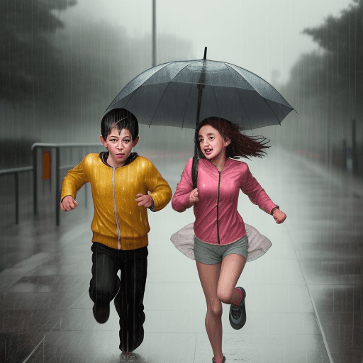 AI generated: a boy and a girl running in the rain