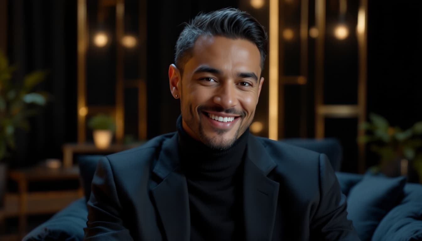 AI generated: Photorealistic charismatic presenter in a luxury podcast or YouTube studio, seated calmly with a con...