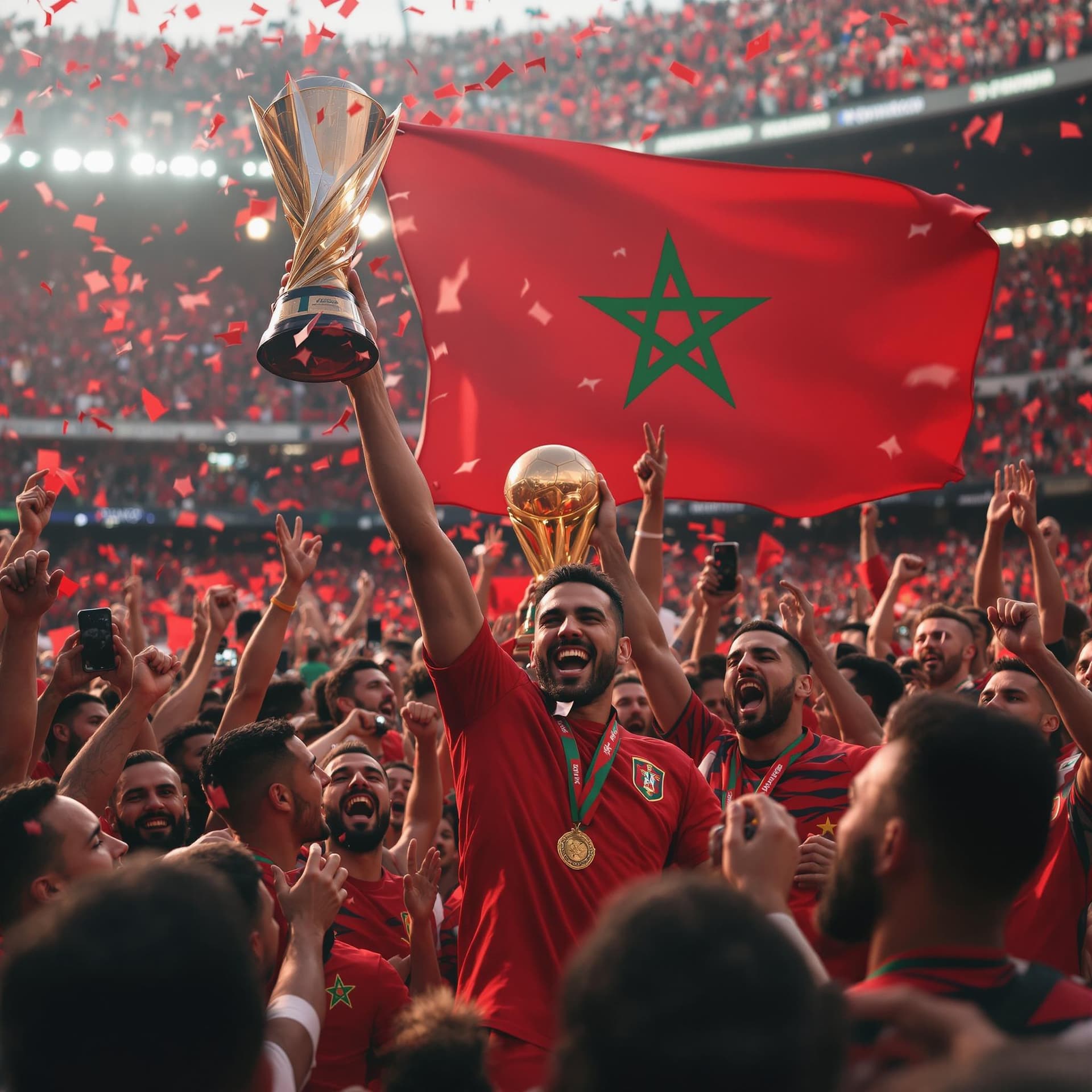 AI generated: National Moroccan Team of Football wining the World cup 2030 in Morocco with vibrant and huge happy ...