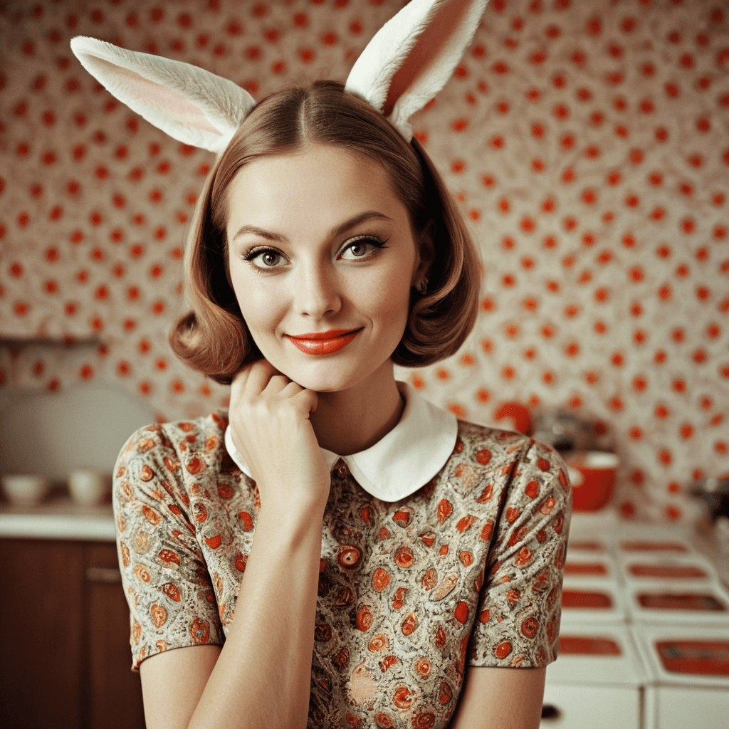 AI generated: Juxtaposition surreal and brilliant close-up a happy woman, 1960’s vintage clothes , (in to imaginat...