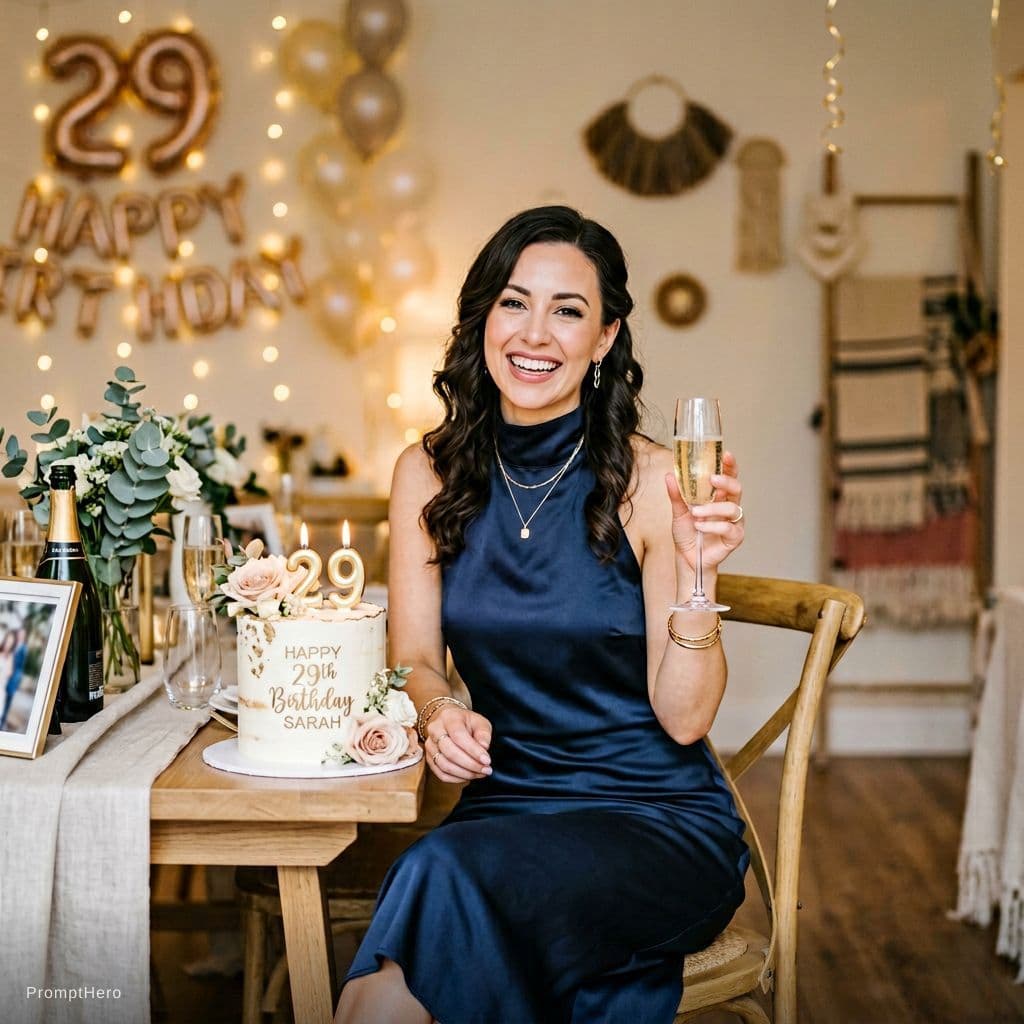 AI generated: Birthday photo of a woman celebrating her 29th birthday, smiling, elegant outfit, clean background, ...