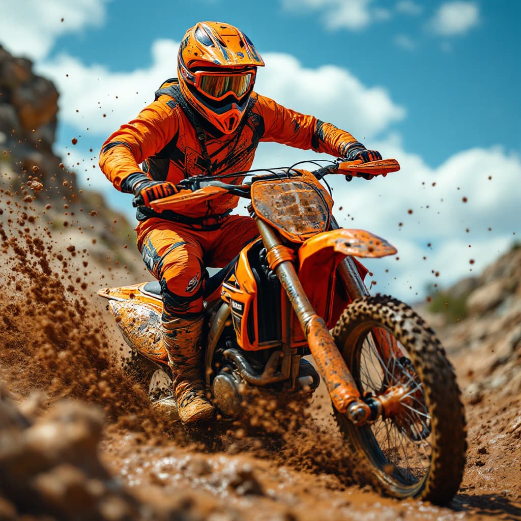 AI generated: Create a highly detailed and dynamic image of a motocross biker riding through a muddy terrain. The ...