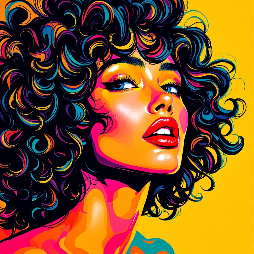 AI generated: A vibrant portrait of a woman with curly hair, in the style of pop art, bold and vivid colors, graph...