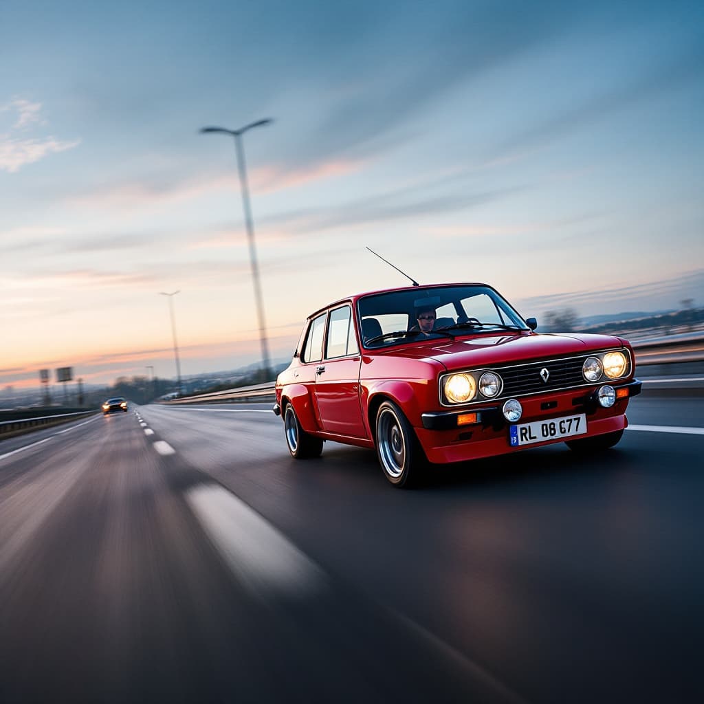 AI generated: Photo of a red Renault 21 2L Turbo going fast on motorway