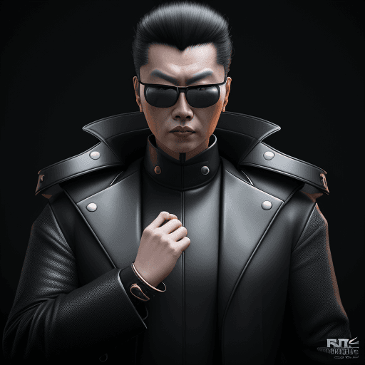 AI generated: Donny Yen as a futuristic supervillain in a black coat, white an leather bracelet, hyperrealism, pho...