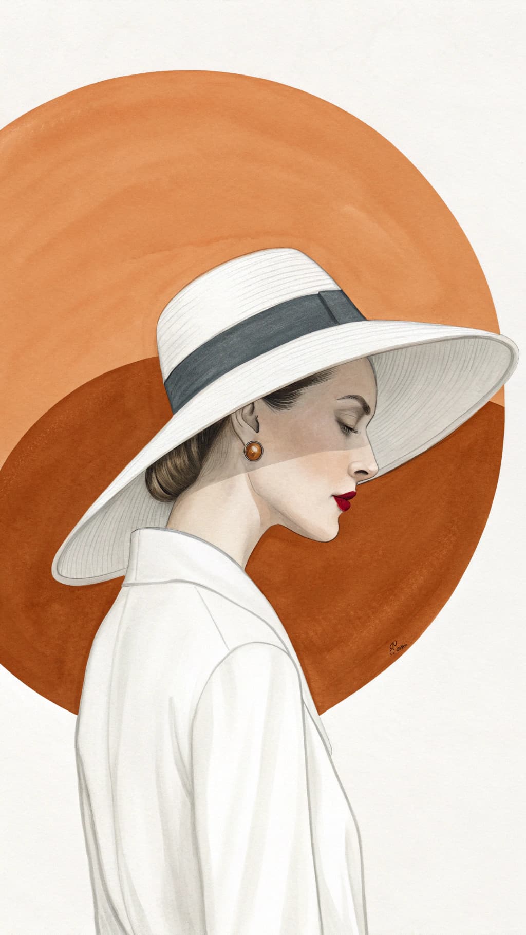 AI generated: Watercolor art, A minimalist fashion portrait of a woman in a white wide-brimmed hat with a grey ban...