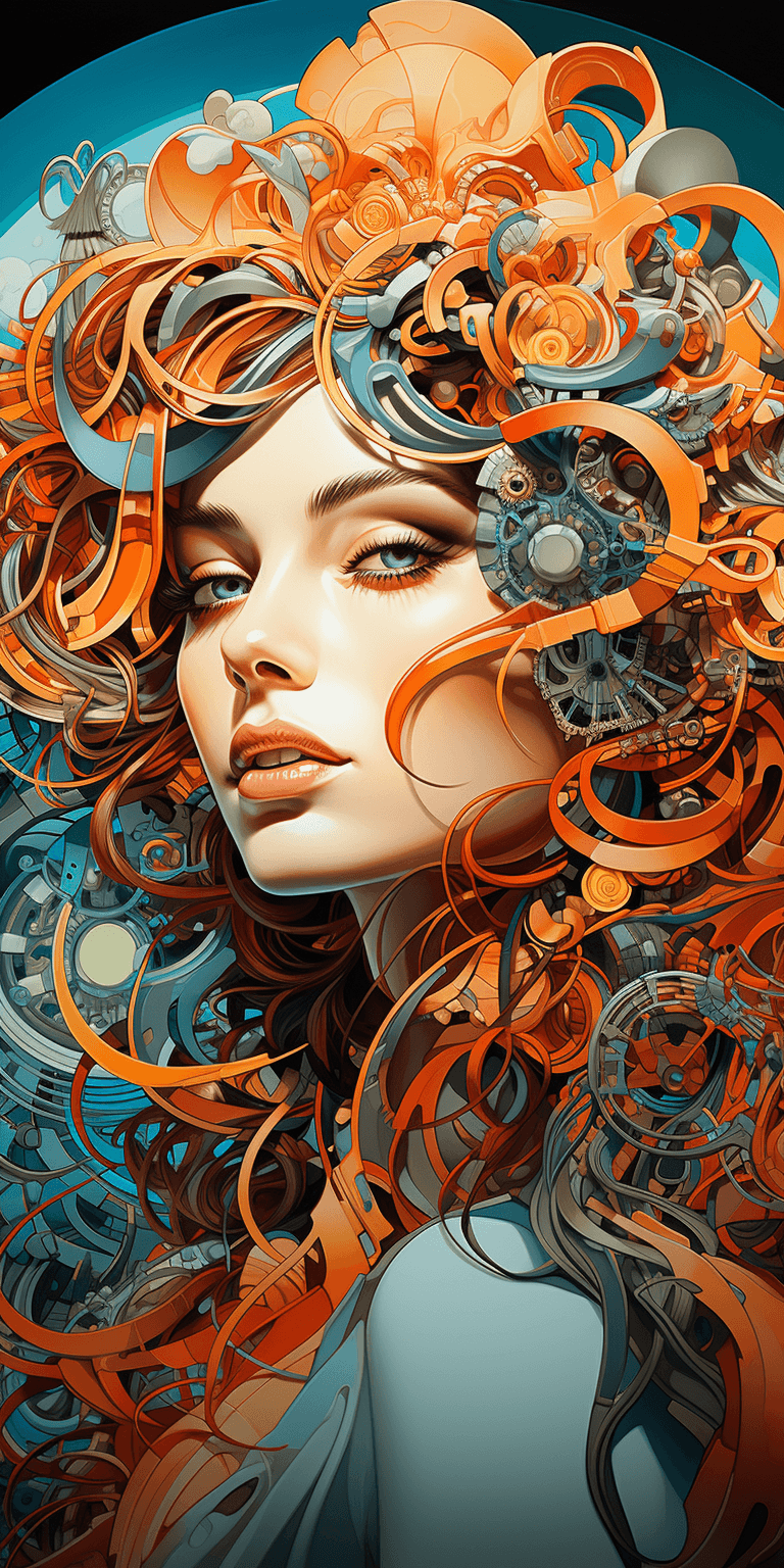 AI generated: an image of a woman with gears in her head on an island, in the style of futuristic glam, extremely ...