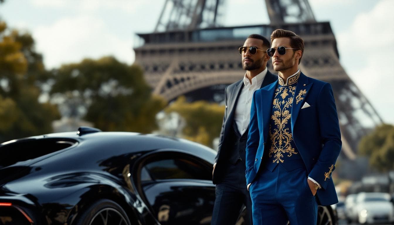 AI generated: blue tuxedo with gold embroidery, standing beside a refined Parisian gentleman in a tailored suit an...