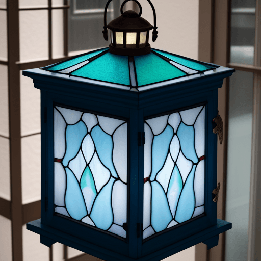 AI generated: photo of a glass lantern window from outside of the building with a color combination of blue white