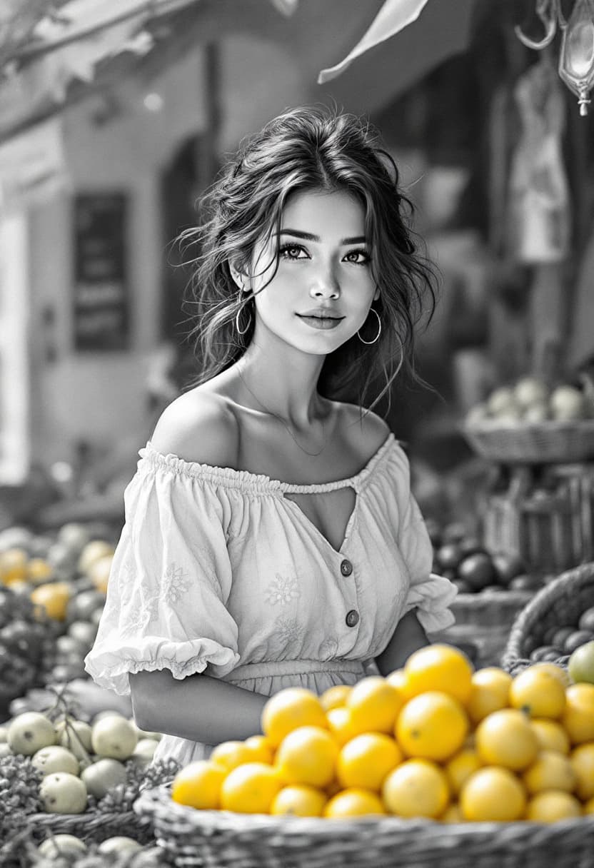 AI generated: Sketch, Beautiful Pencil Line Art, Artistic Brush Strokes, Beautiful, Market Vendor, Beautiful Girl ...